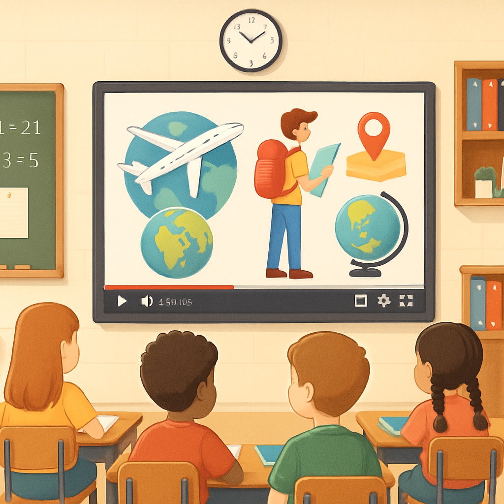 A classroom setting with students watching an educational short video on a large screen, related to travel and geography. Students watching travel short videos in a classroom setting.