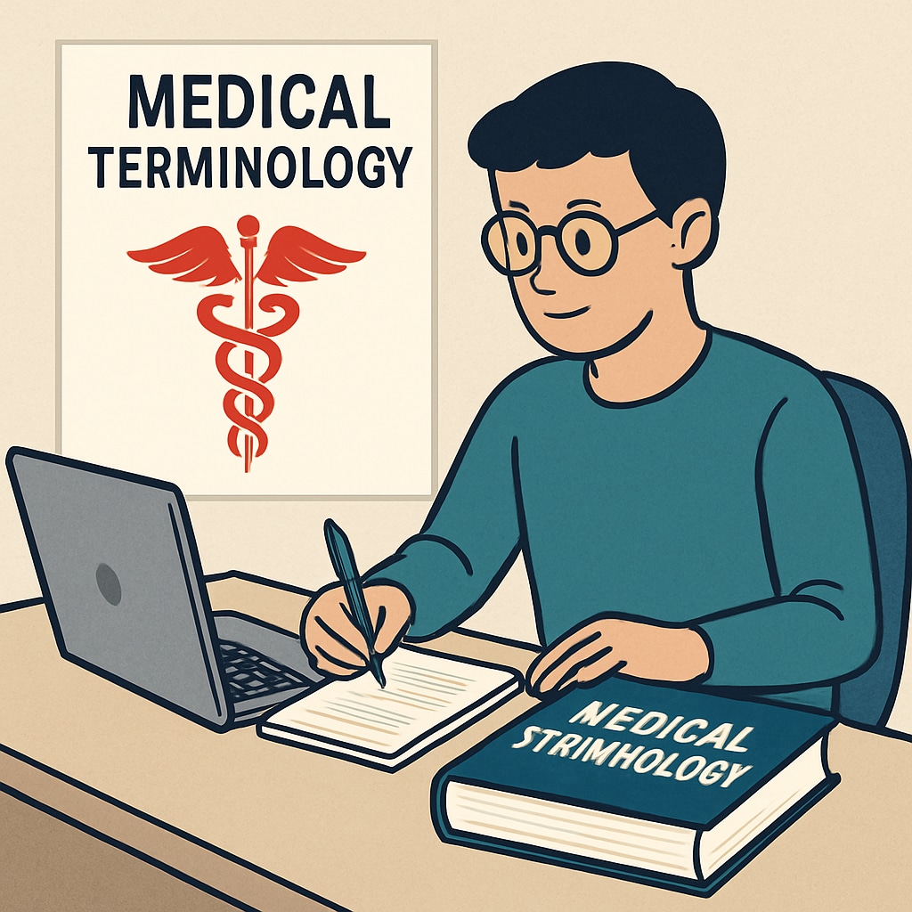 A person studying medical terminology on a laptop with a textbook nearby, symbolizing medical education accessibility. Online medical education for non-medical backgrounds with a laptop and textbook.