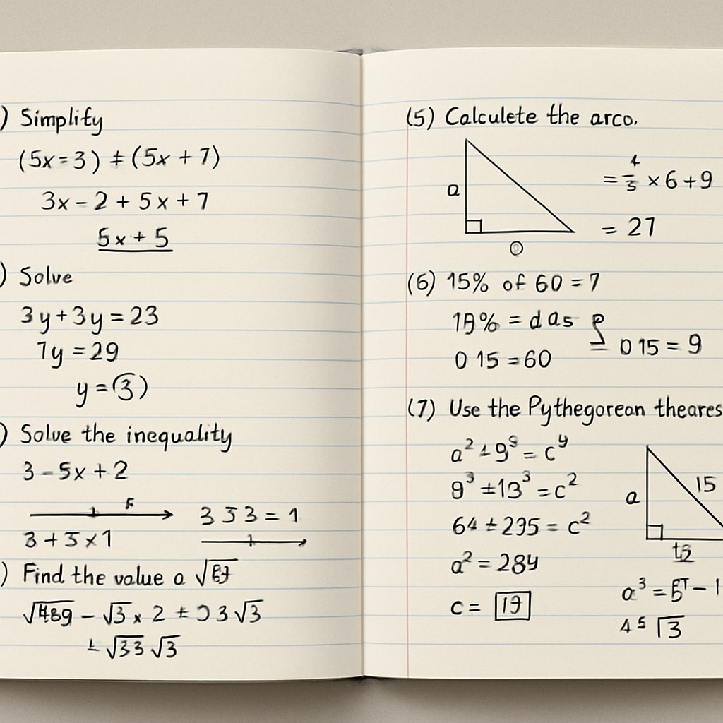 A notebook with math problems and solutions written out, symbolizing systematic preparation for math ability tests. Notebook showing math problem-solving strategies for test prep.