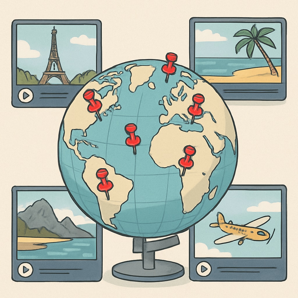 A globe with pins marking various countries, surrounded by digital screens displaying travel videos. A globe surrounded by screens showing travel short videos.