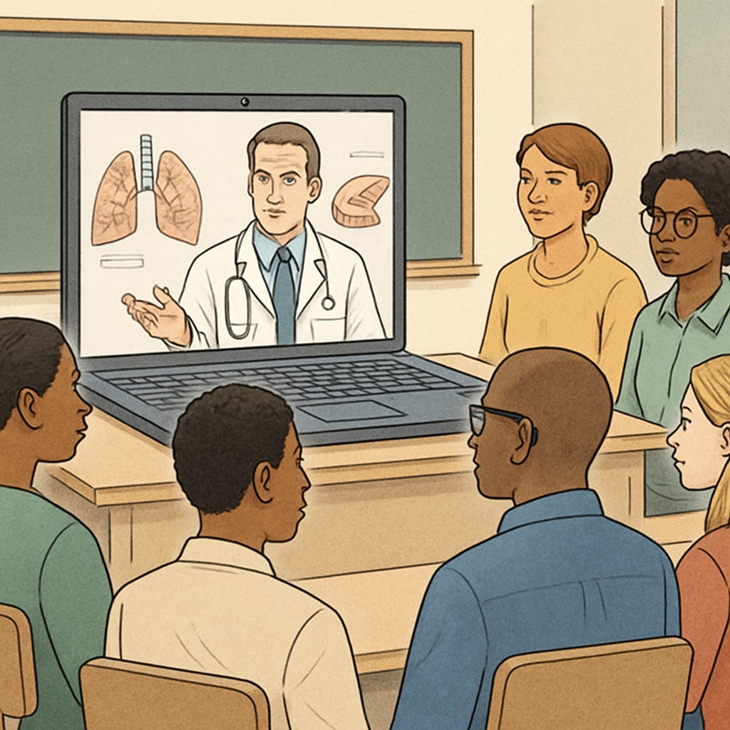 A diverse group of individuals watching an online lecture on medical topics, highlighting inclusivity in learning. Inclusive online medical education for non-medical professionals.