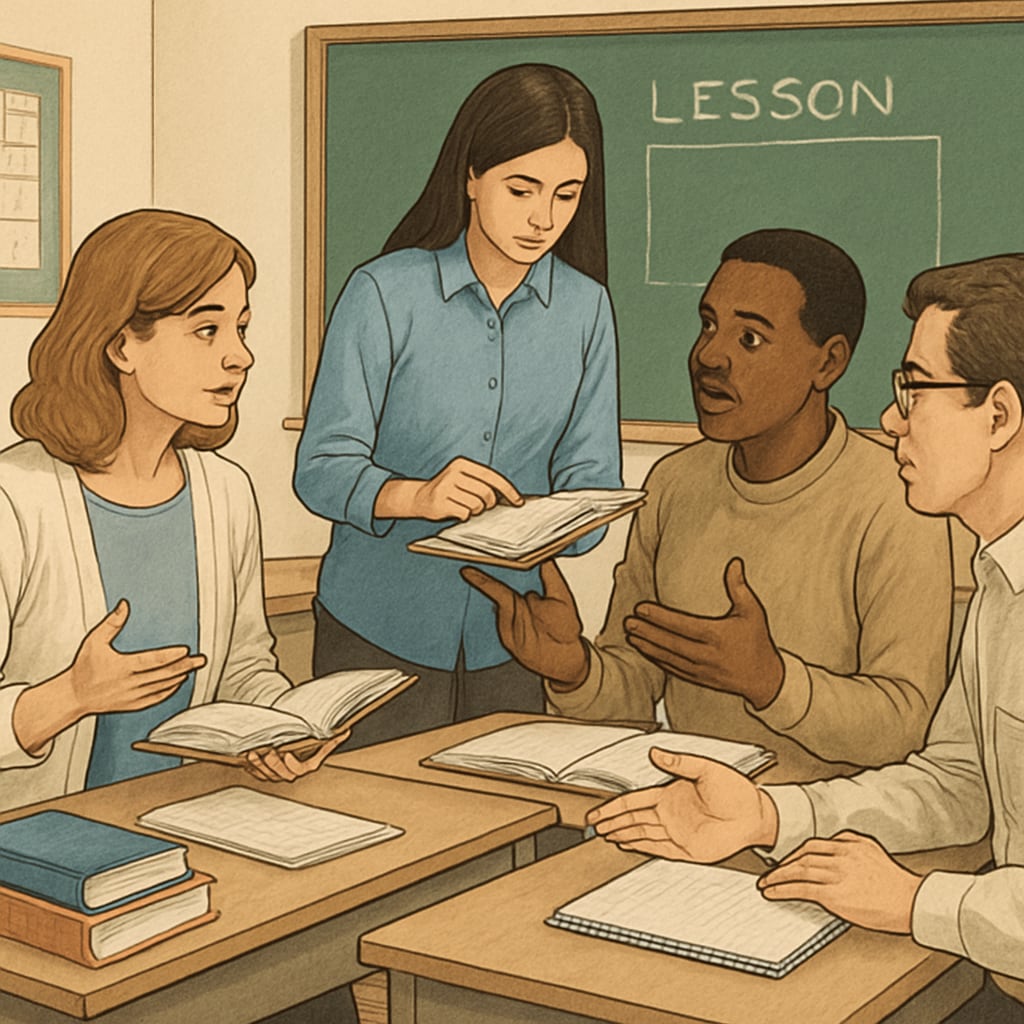 A group of teachers collaboratively discussing educational material in a classroom setting. Teachers discussing reading comprehension and text complexity in a classroom.