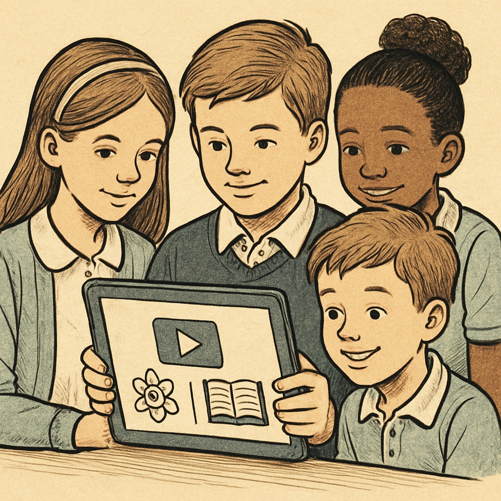 A group of students watching short videos on a tablet, symbolizing digital consumption in education. K12 students watching short videos on a tablet for educational purposes.