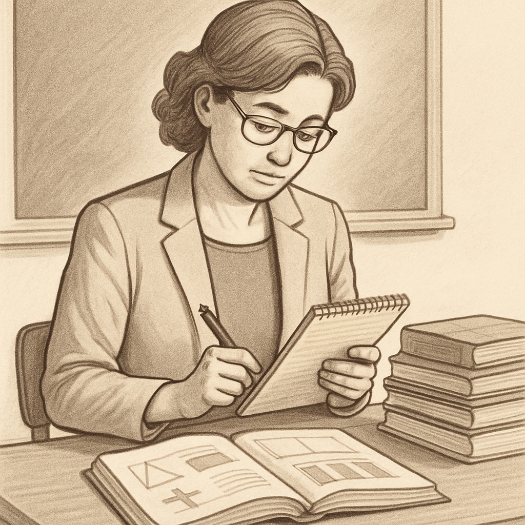 A teacher reviewing a pile of educational resources with a notepad and pen in hand. Teacher reviewing texts for a reading comprehension research project.