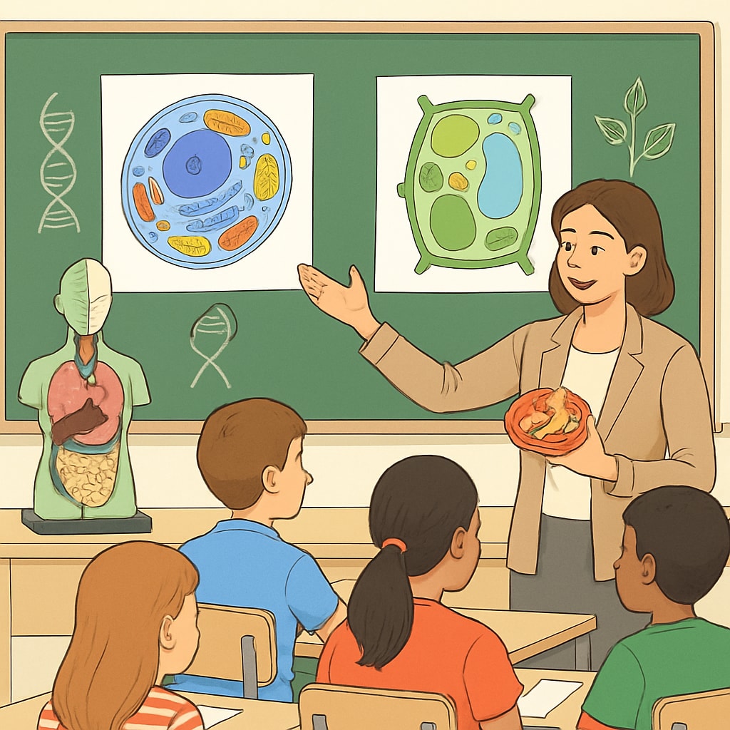 A classroom environment where a teacher is explaining biological concepts to students using models and diagrams. Teacher explaining biological concepts in a classroom environment.