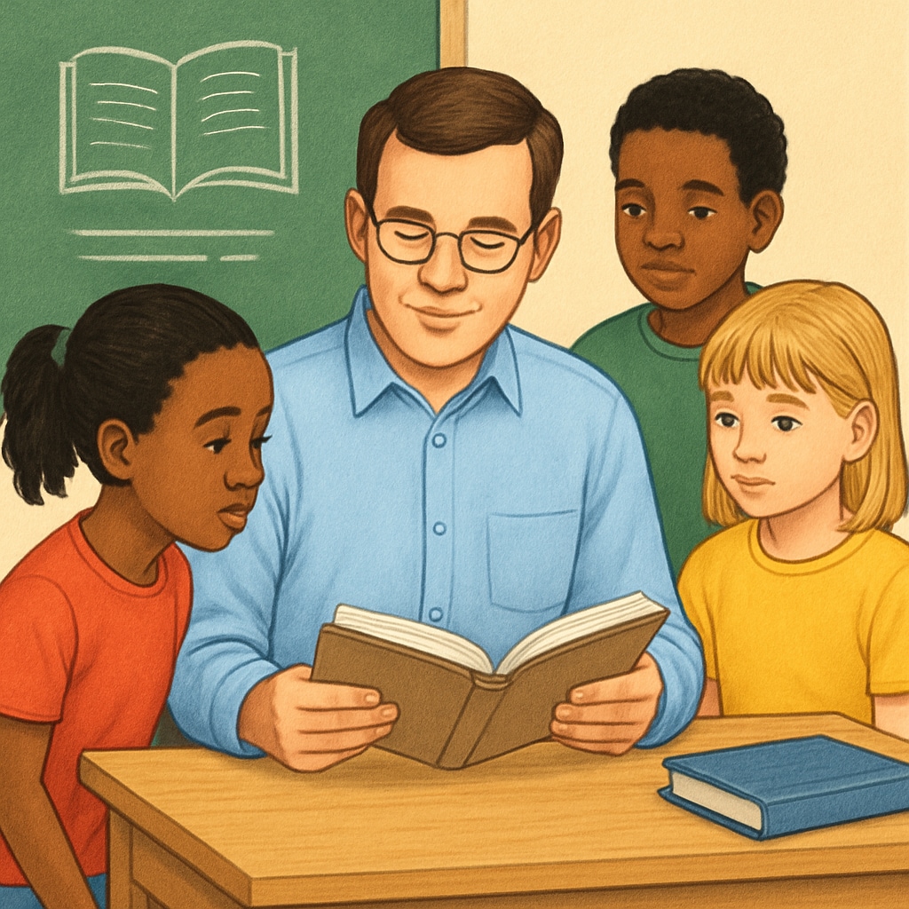 A teacher in a classroom setting, reviewing a book with a group of students, symbolizing the connection between teaching and reading comprehension. Teacher working with students on reading comprehension, illustrating text complexity evaluation.