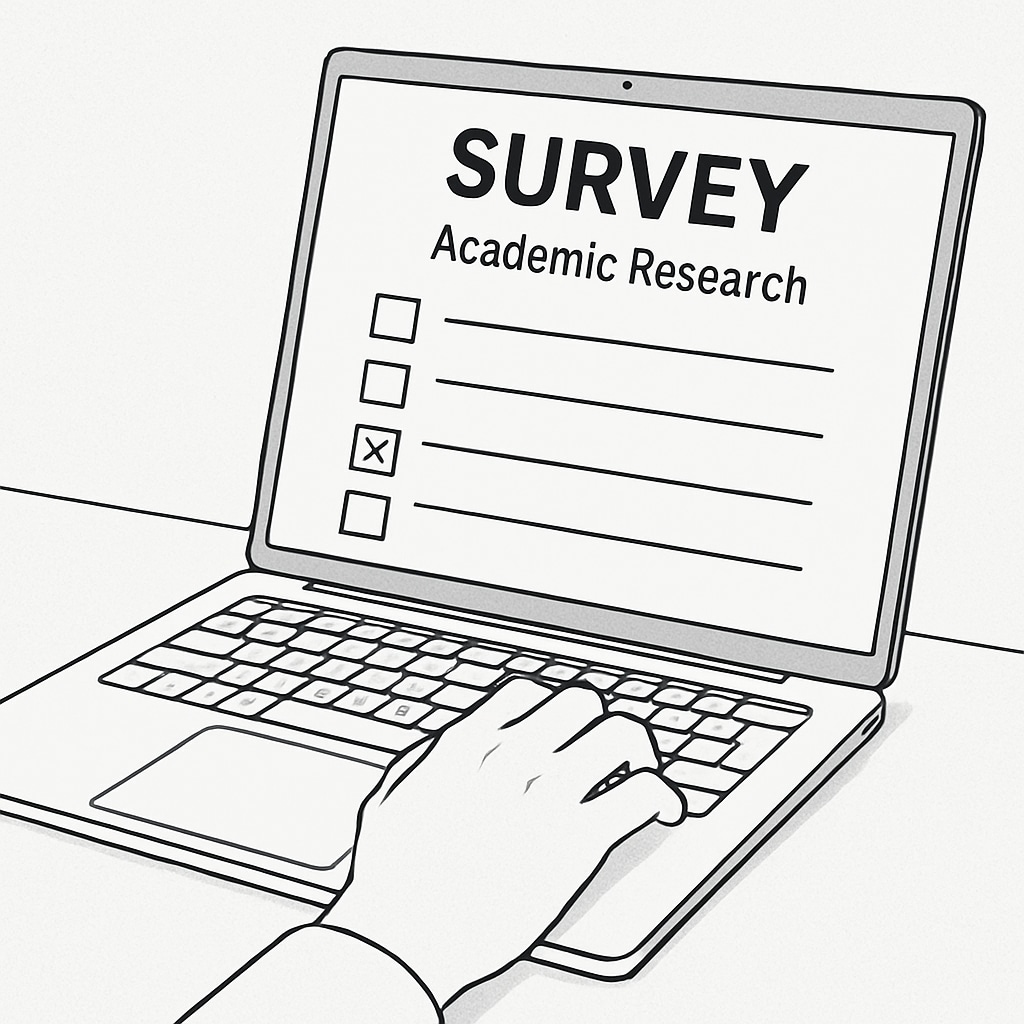 A survey form being filled out on a laptop, representing academic research participation. A laptop screen showing a survey form related to K12 and short video research.