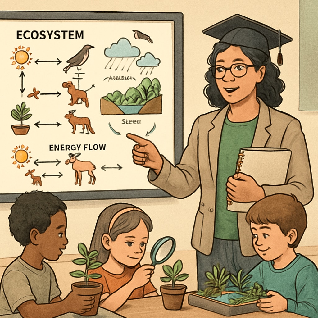 A biology graduate teaching students about ecosystems using interactive and visual tools. Biology graduate teaching ecosystems to students interactively.