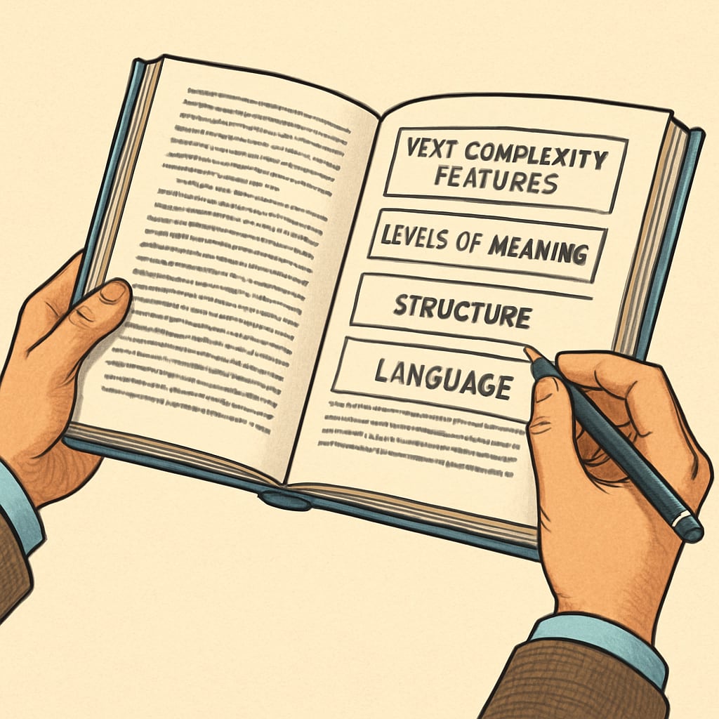 A close-up of a teacher’s hands holding a book and annotating text complexity features, representing the research process. Teacher annotating a book to evaluate text complexity, contributing to research.