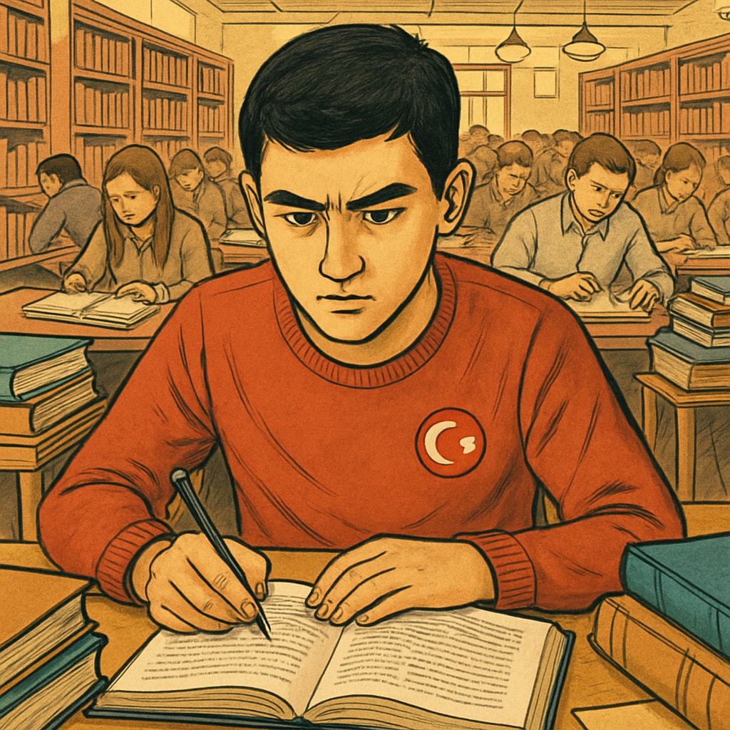 A Turkish student intensely studying for an exam in a crowded library, reflecting the pressure of centralized exams. Turkish student studying for centralized exams in a library.