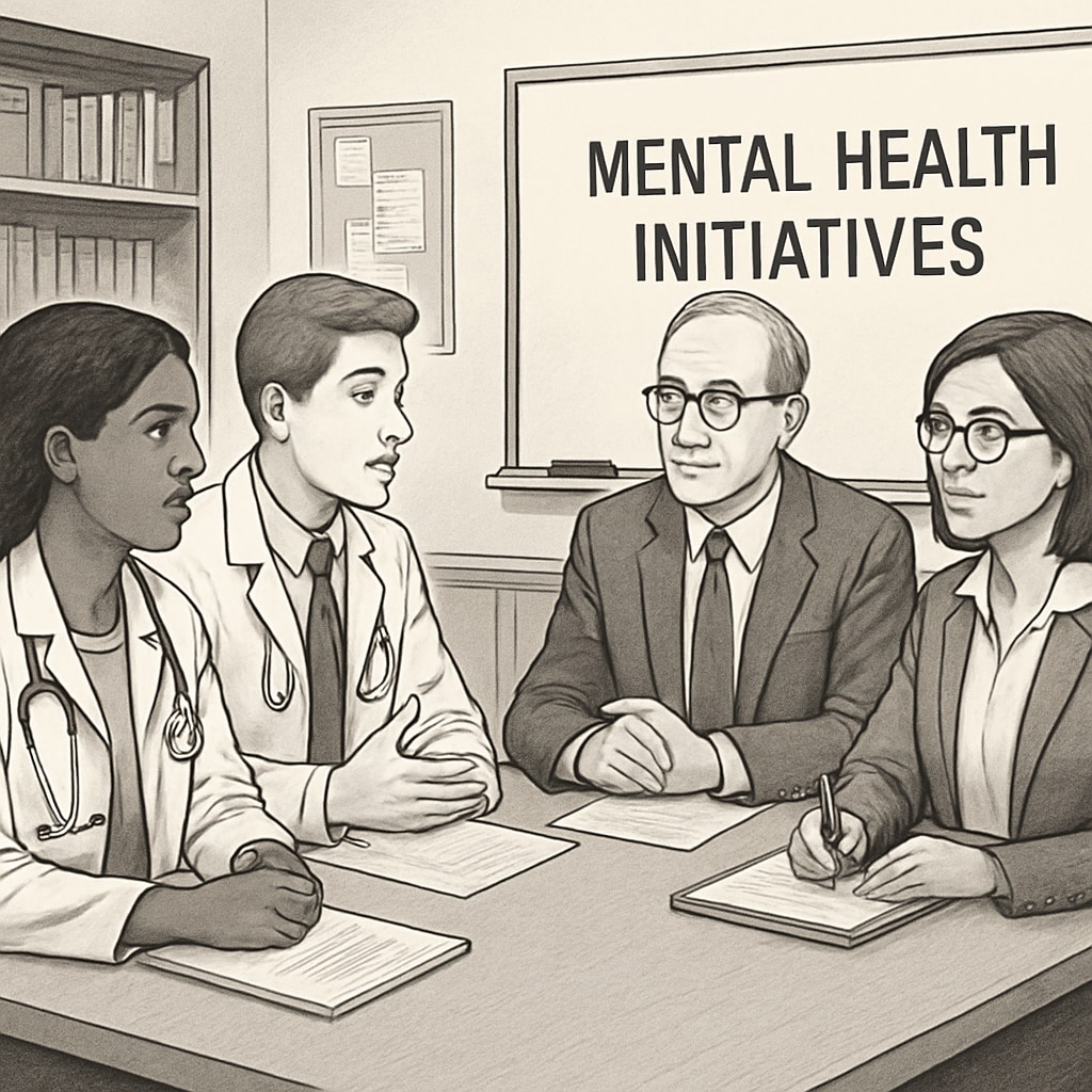 Medical students and high school administrators discussing mental health assemblies.