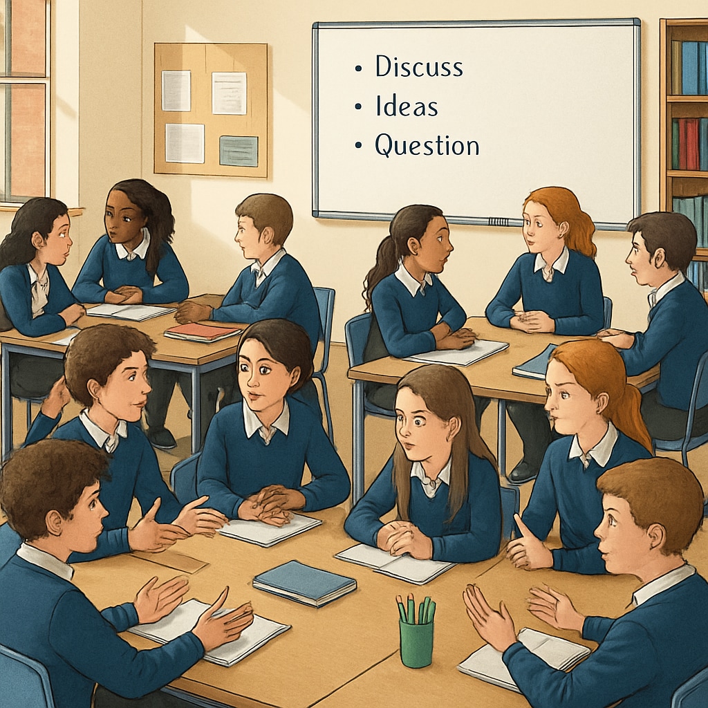 A UK classroom where students are engaged in group discussions, illustrating the interactive and critical thinking focus of A Levels. UK students discussing topics in an A Levels classroom.