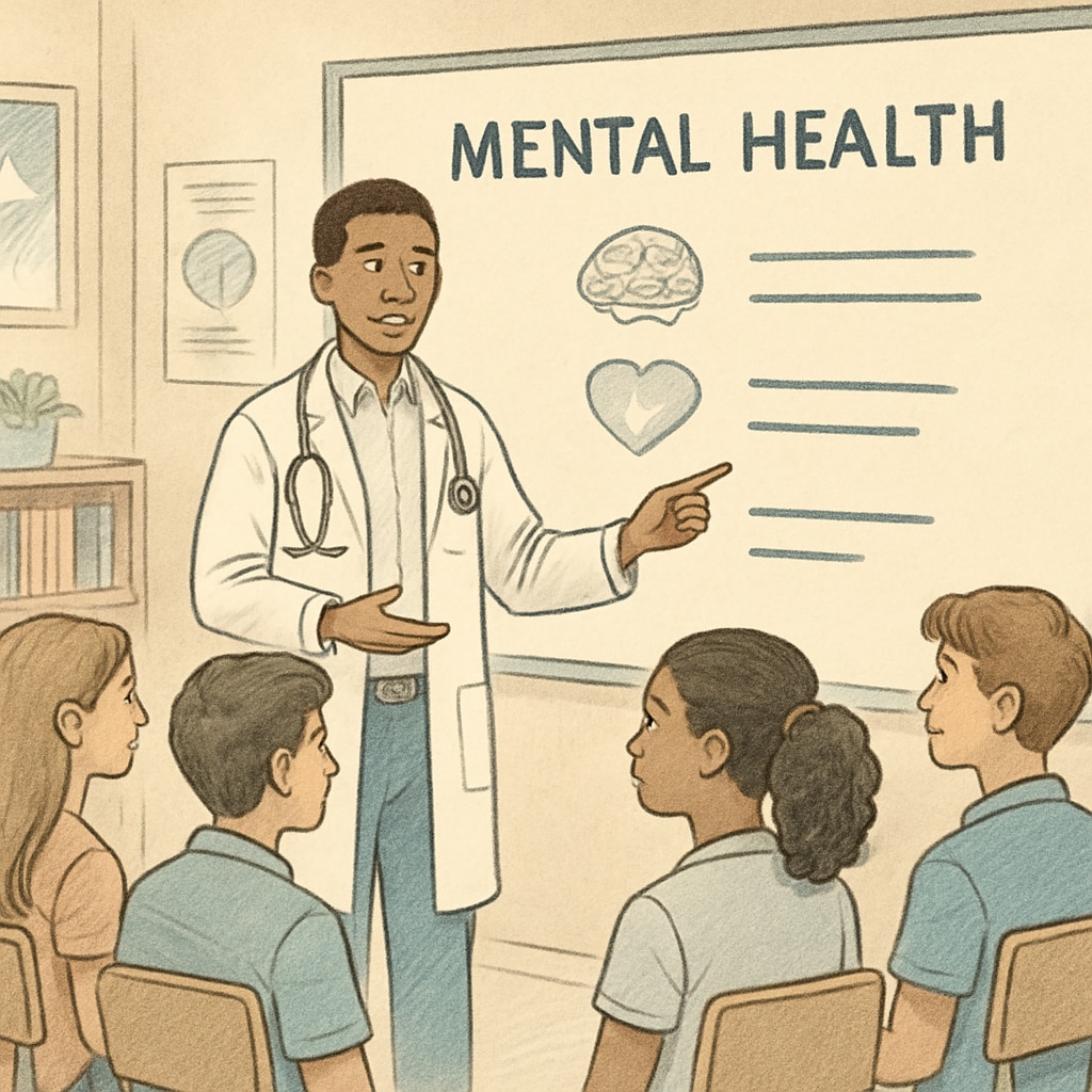 Medical student presenting on mental health topics to high school students.