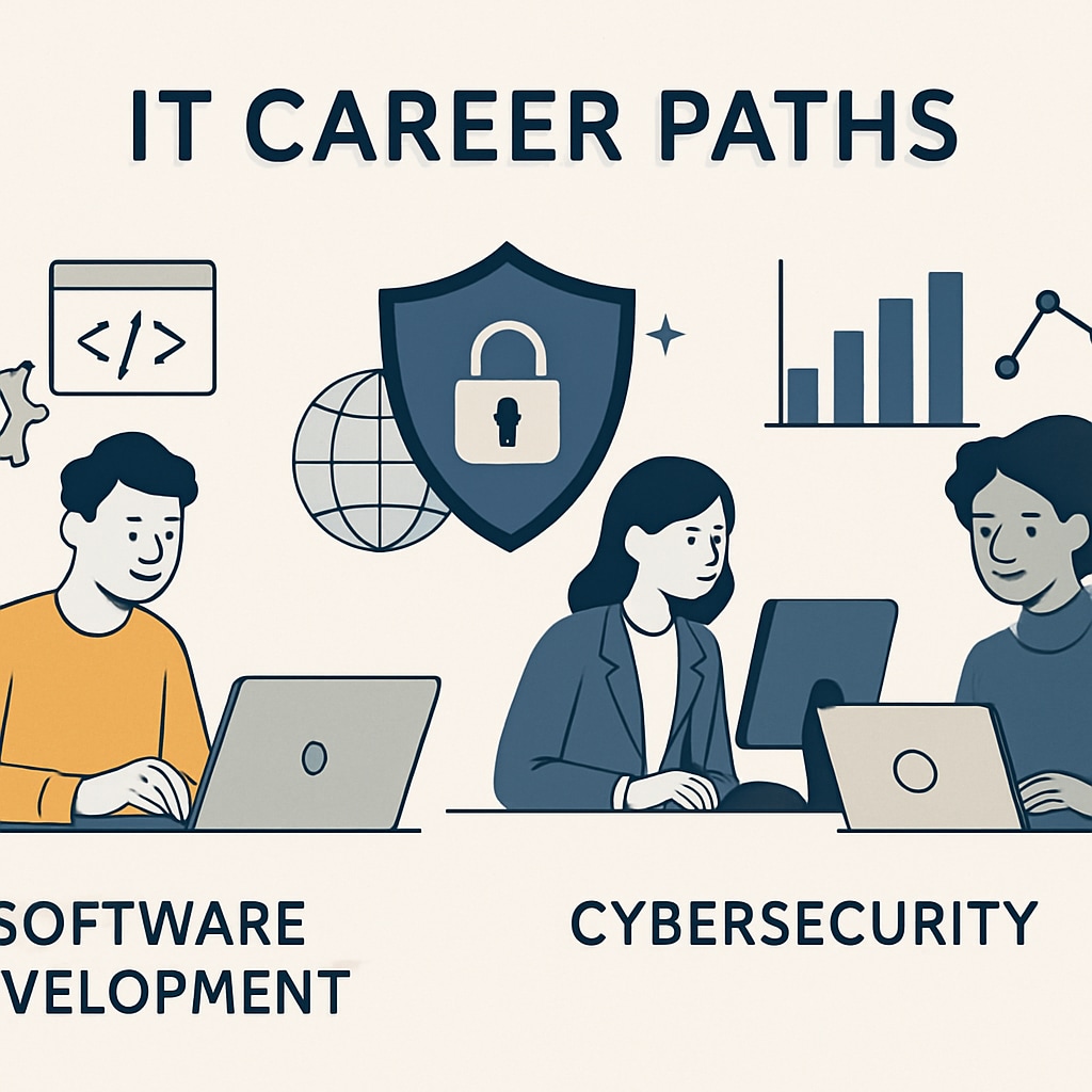 A diagram showcasing different IT career paths, such as software development, cybersecurity, and data science. IT career paths diagram showing software development, cybersecurity, and data science.