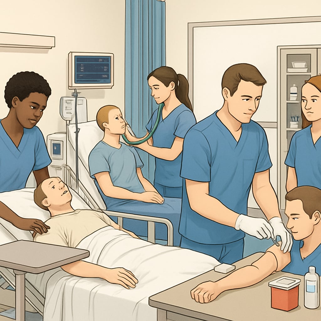A vibrant nursing lab setup showing students practicing clinical skills at a university campus, representing hands-on experience in nursing programs. Nursing students practicing clinical skills in a university lab