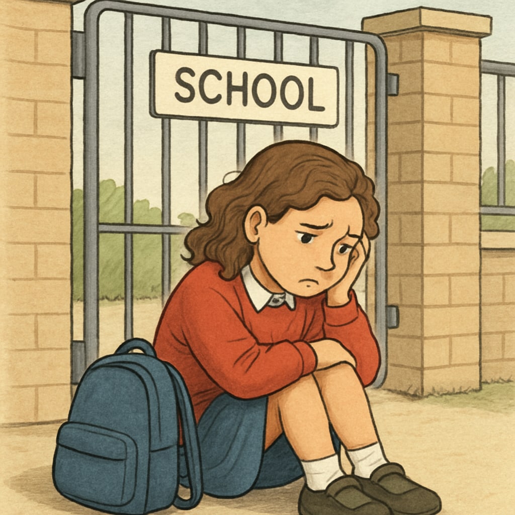 A young girl sitting outside a school gate, looking upset, symbolizing barriers in accessing education. This photo emphasizes the emotional toll of school application obstacles for SEN students. A young girl upset outside a school gate, symbolizing barriers in education access.