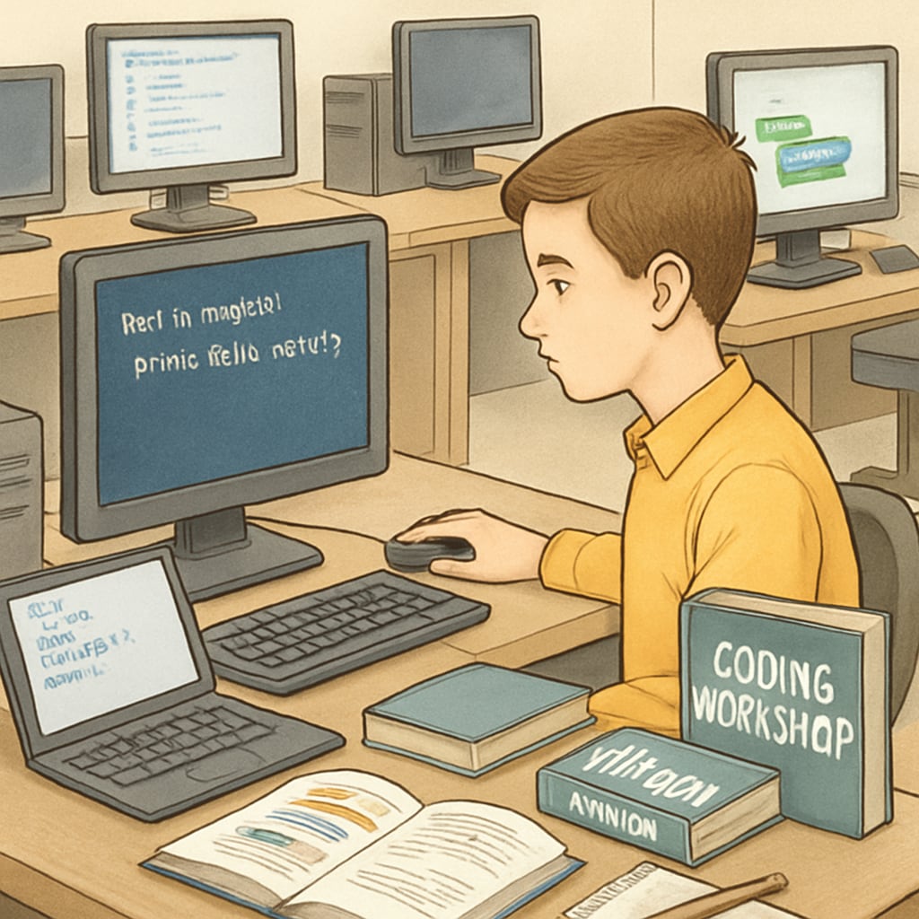 A student exploring a coding workshop, surrounded by computers and coding resources. A high school graduate in a coding workshop, exploring IT career options and university majors.