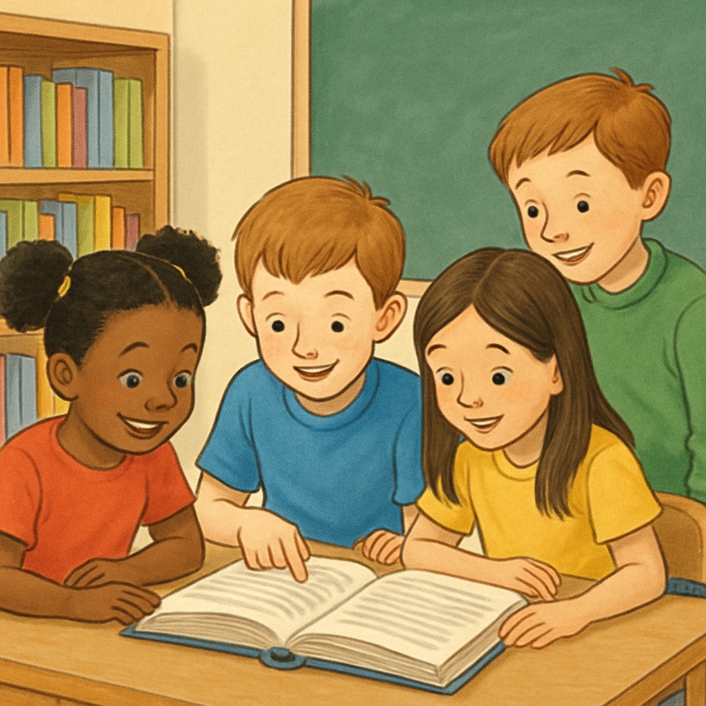 Children engaging in shared reading activities to promote comprehension and interest.