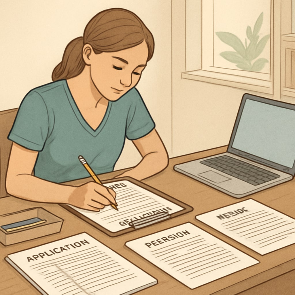A student sitting at a desk with application documents and a laptop, showcasing the process of preparing nursing program applications, emphasizing organization and strategy. Student organizing nursing program application documents