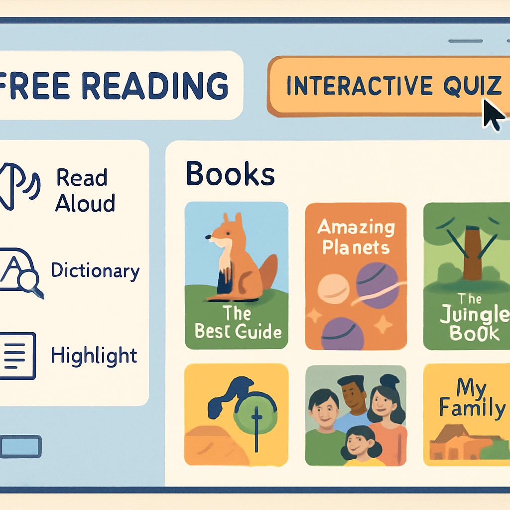 Digital tools for reading comprehension, featuring quizzes and book selections.