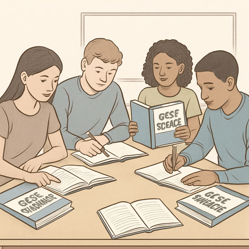 A group of students studying together with GCSE textbooks, symbolizing exam preparation and mutual support. Students collaborating on GCSE exam preparation
