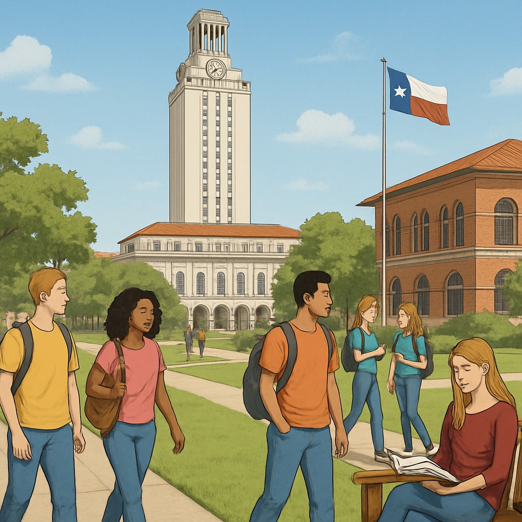 University campus in Texas featuring students and academic buildings, highlighting study opportunities.