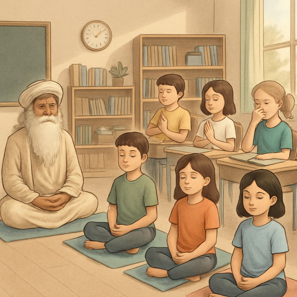 A serene classroom setting with students engaged in mindfulness practices inspired by Sadhguru’s teachings Mindful students in a classroom setting inspired by Sadhguru’s philosophy
