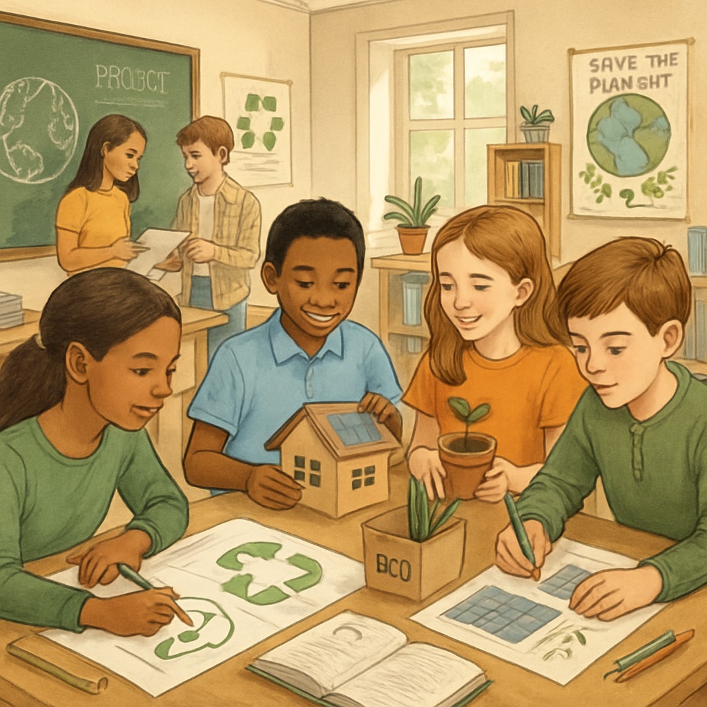 An interdisciplinary K12 classroom where students collaborate on sustainability projects, inspired by holistic education principles Students collaborating in a K12 sustainability project inspired by holistic education