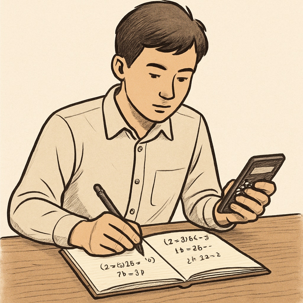 A student solving math problems with a notebook and calculator to prepare for campus recruitment tests. Student preparing for campus recruitment math test with notebook and calculator.