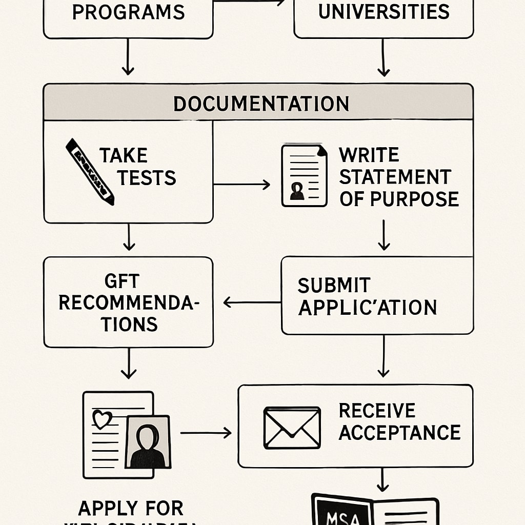 Steps for applying to U.S. universities for data science programs visualized in a flowchart