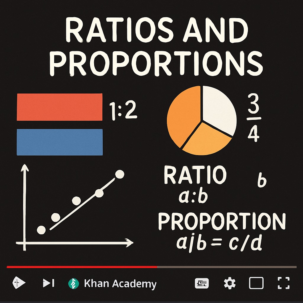 A screenshot of a Khan Academy YouTube video explaining ratios and proportions. YouTube video explaining ratios and proportions for math test preparation.