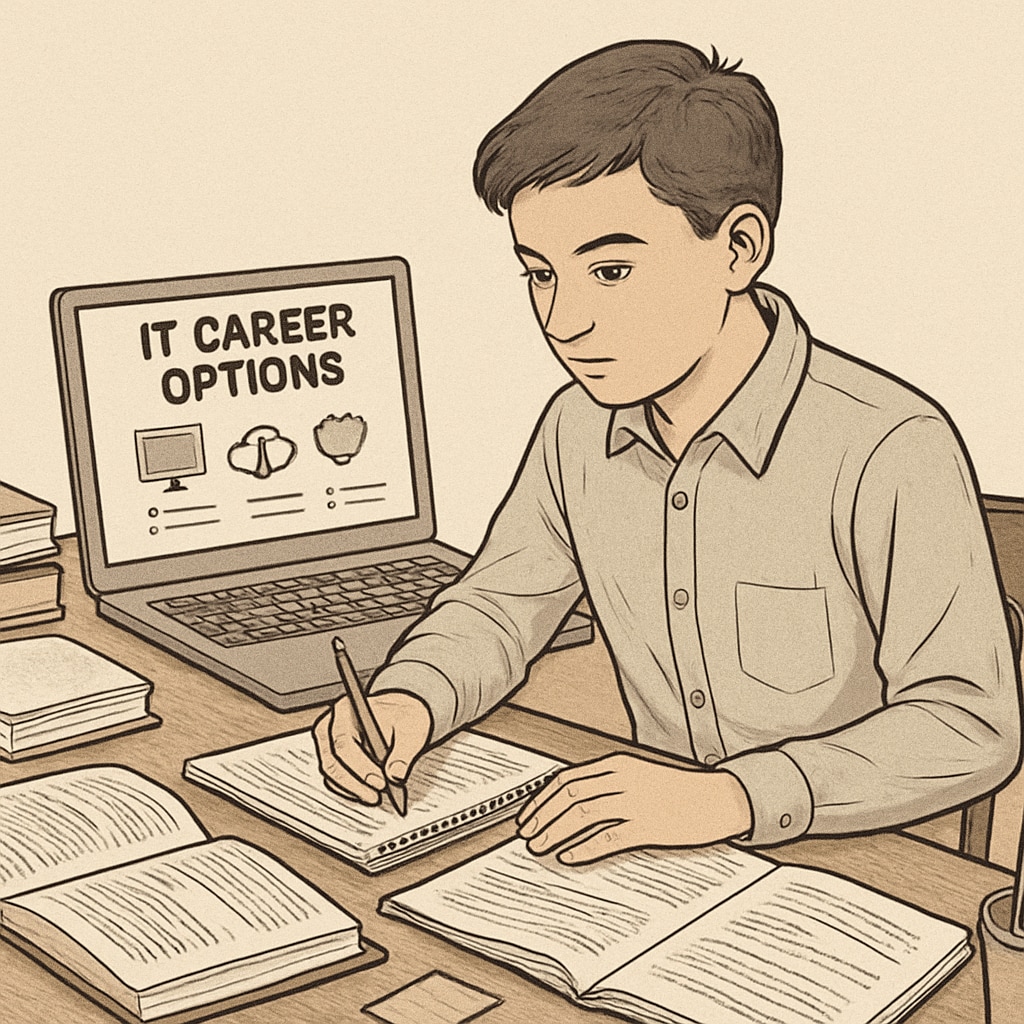 High school student planning IT career on a laptop.