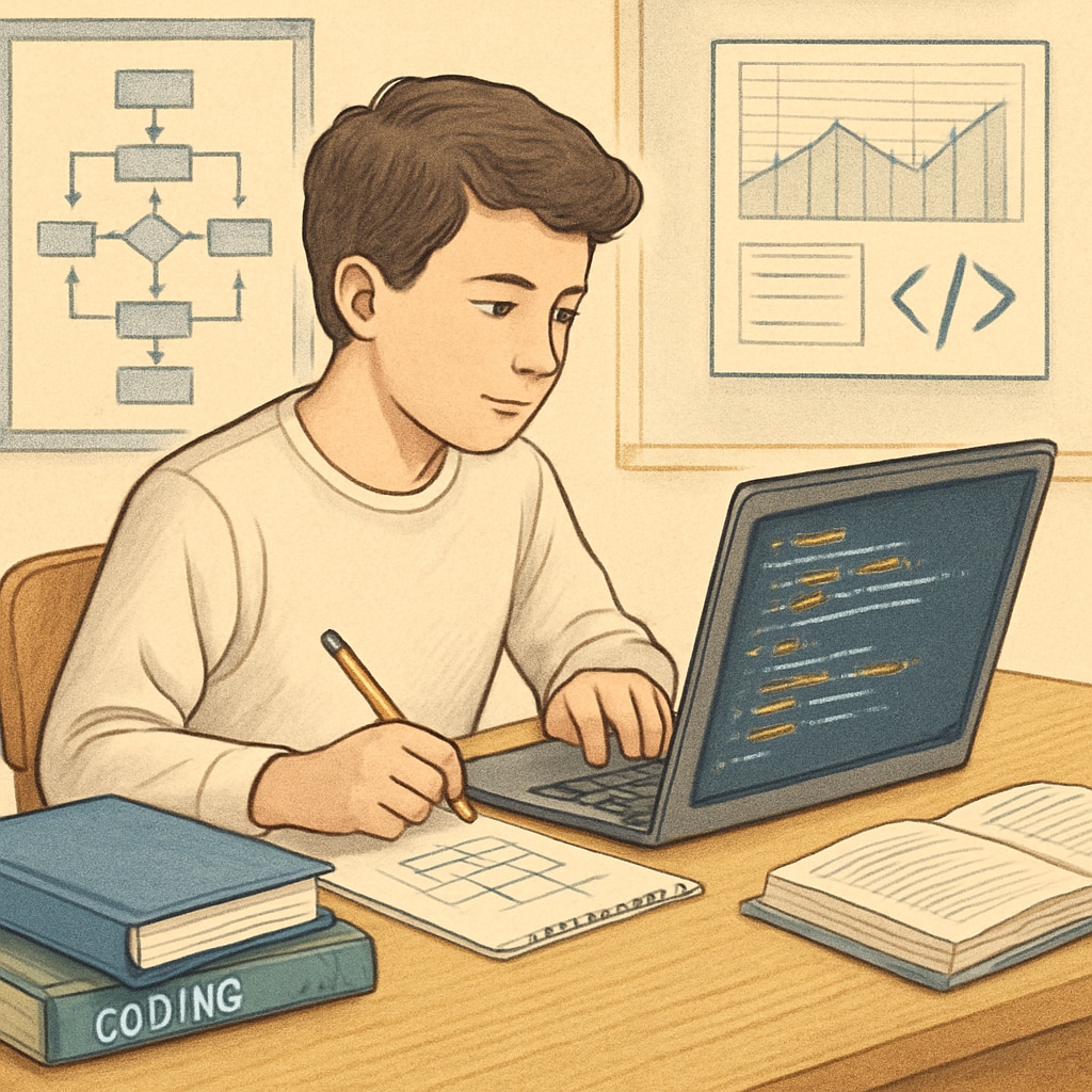 A high school student exploring coding during a workshop, symbolizing early career exposure in IT. High school student learning coding as part of IT career preparation
