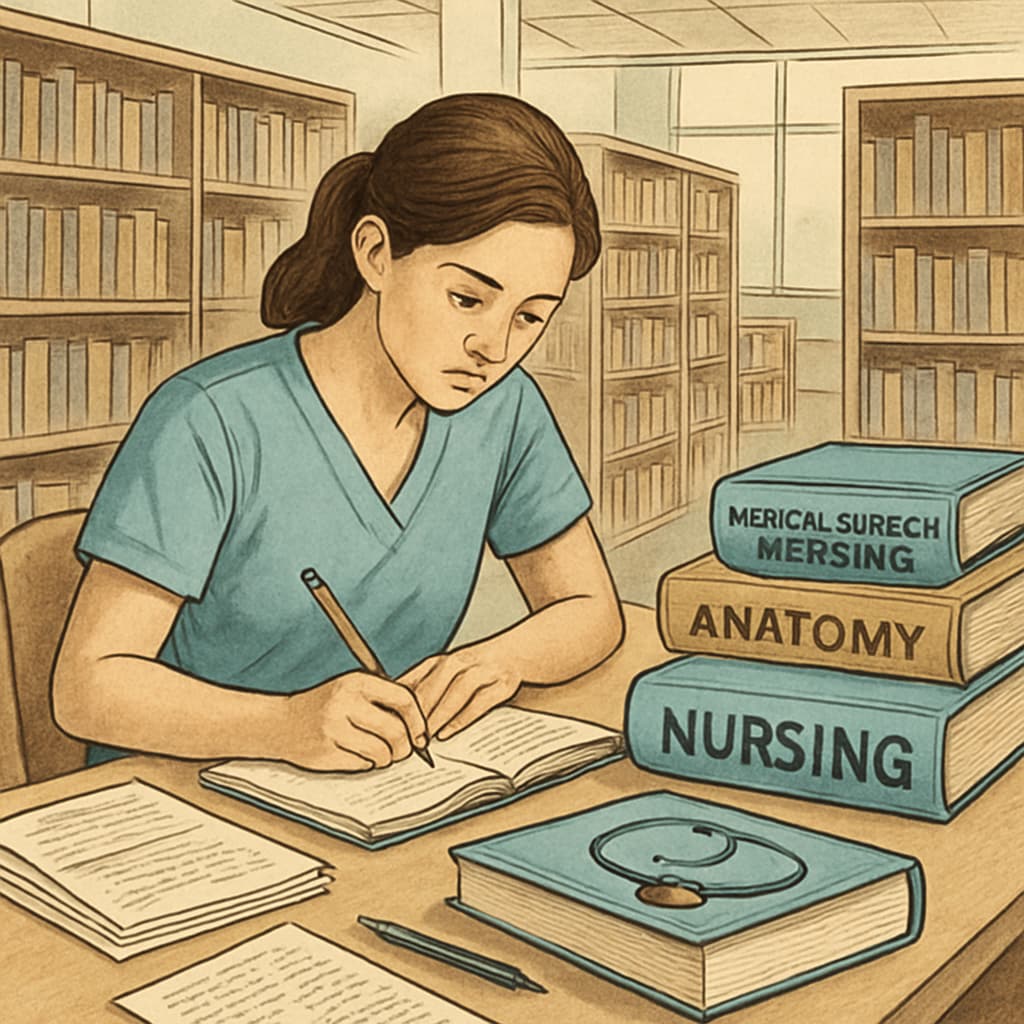 A student studying nursing textbooks and completing coursework in a campus library. Nursing student studying in a library as part of their academic preparation for transfer.
