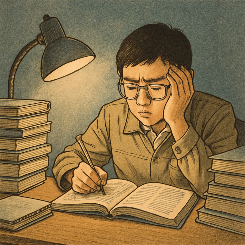 A Chinese student studying late at night, showcasing the high-pressure academic culture. A student engaged in late-night study, representing the rigor of China's education system.