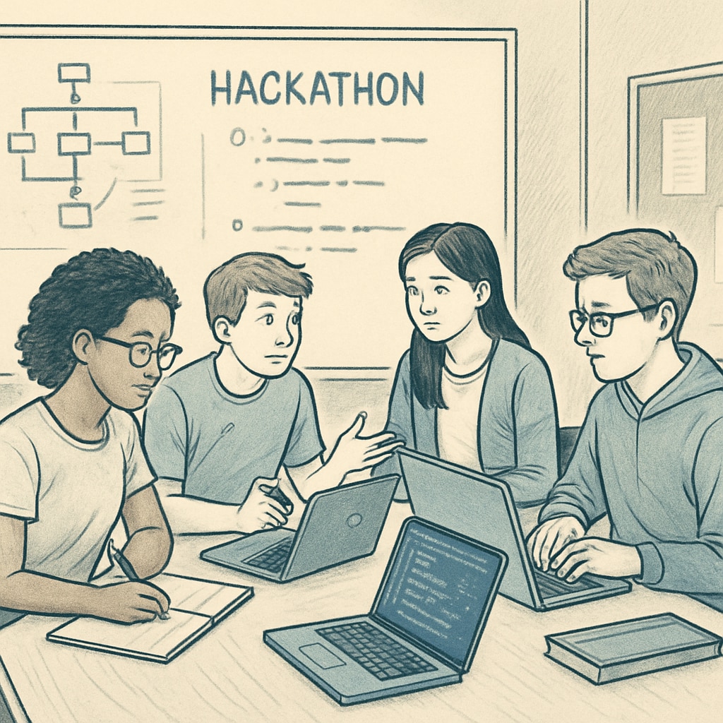 Students coding collaboratively during a hackathon.