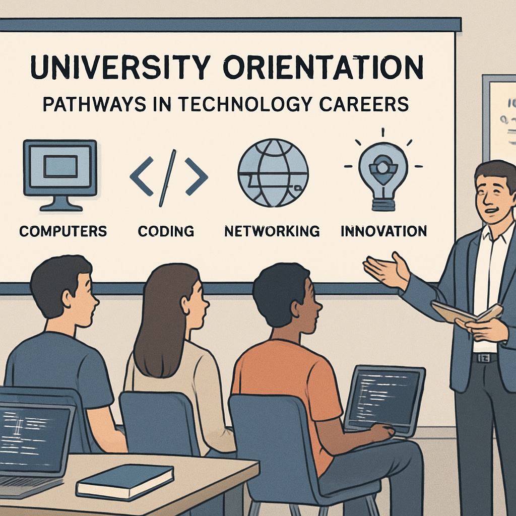 A university orientation session for IT students, showcasing pathways in technology careers. Orientation for IT students highlighting technology career options