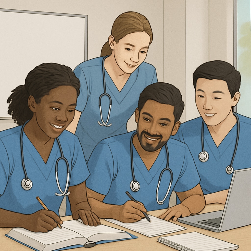 A diverse group of nursing students collaborating on a project in a modern classroom. Nursing students working together on a collaborative project in a university setting.