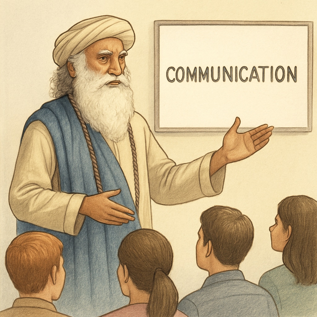 A serene image of Sadhguru addressing an audience, representing his teachings about effective communication. Sadhguru teaching communication practices to enhance professional relationships.