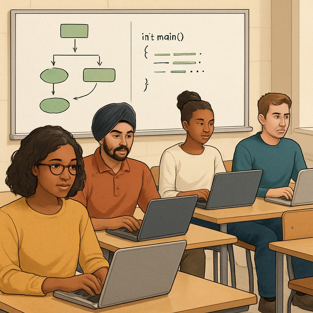 International students studying data science in a classroom.