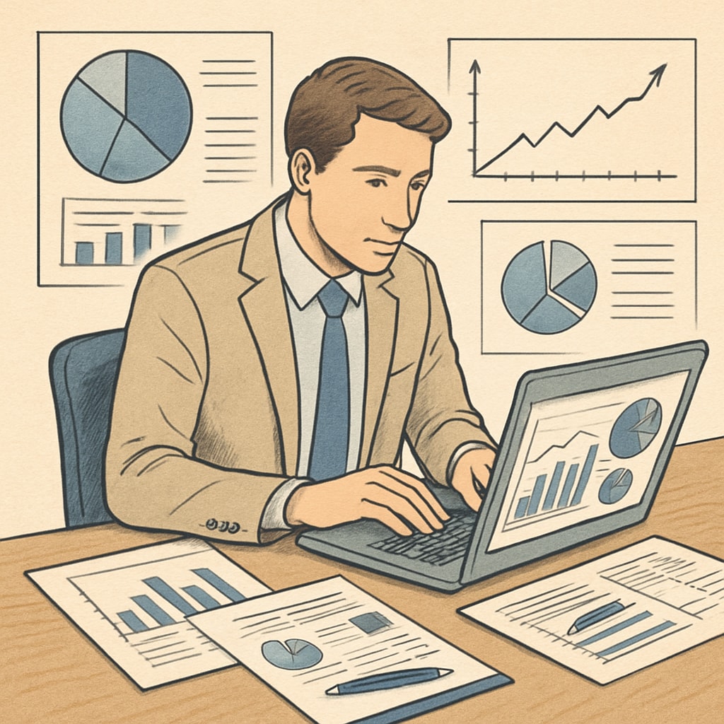 A professional analyzing financial data on a laptop, illustrating the intersection of business analysis and finance. Business analysis and finance professional working on data visualization.
