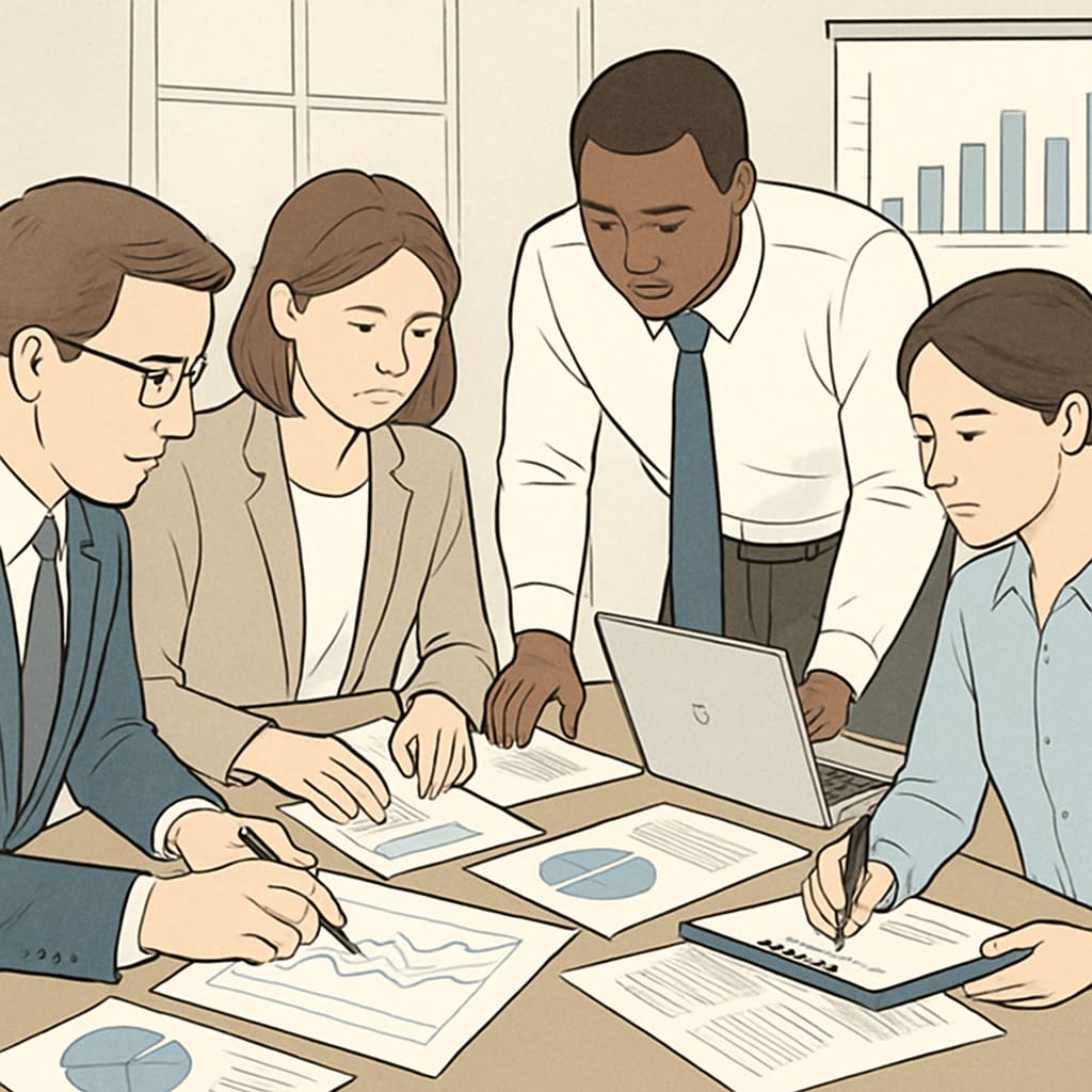 A team of professionals collaborating on a financial project, showcasing teamwork and data analysis. Business analysis and finance team working on collaborative data strategies.