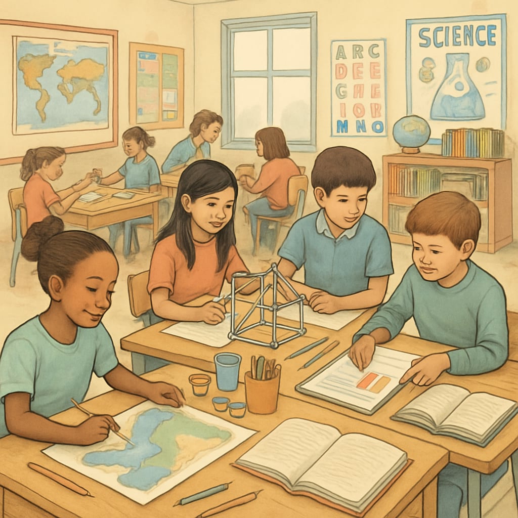 A classroom in the U.S. showcasing project-based learning activities with students working in groups. U.S. classroom with students engaged in project-based learning, reflecting creativity-focused education.