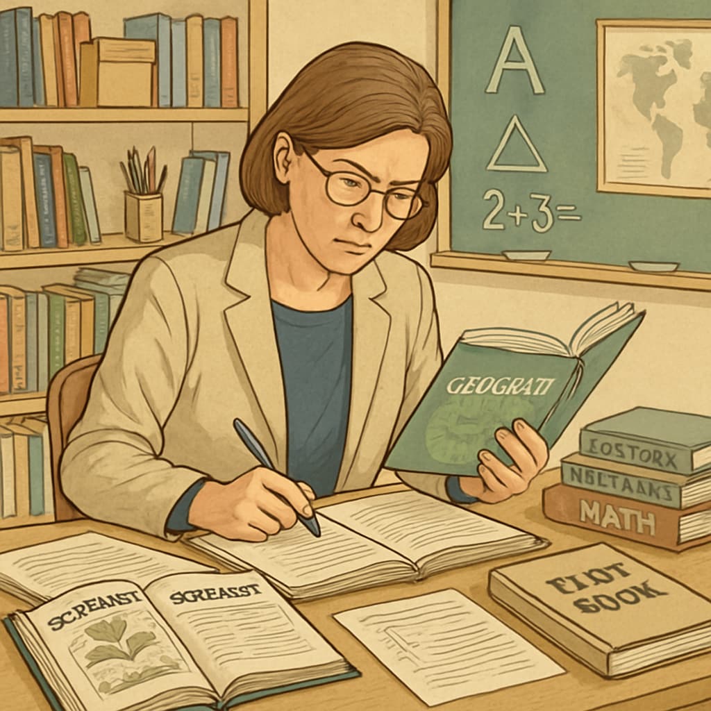 A teacher reviewing a diverse set of educational texts in a classroom setting, symbolizing the evaluation process. Teacher assessing textbooks for reading comprehension and text complexity.