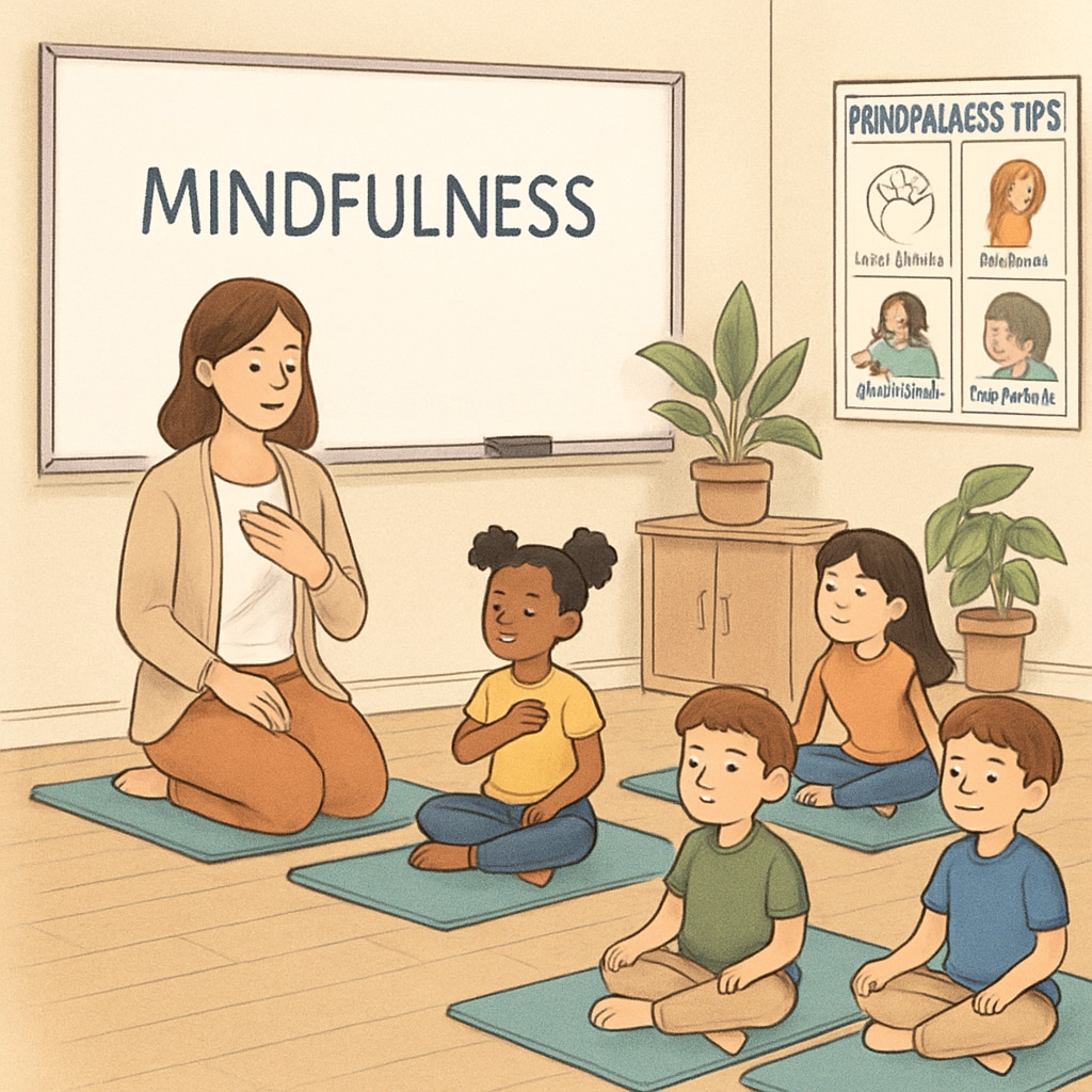 A classroom setting where students practice mindfulness exercises inspired by yoga philosophy. Students practicing yoga-inspired mindfulness exercises for holistic learning.