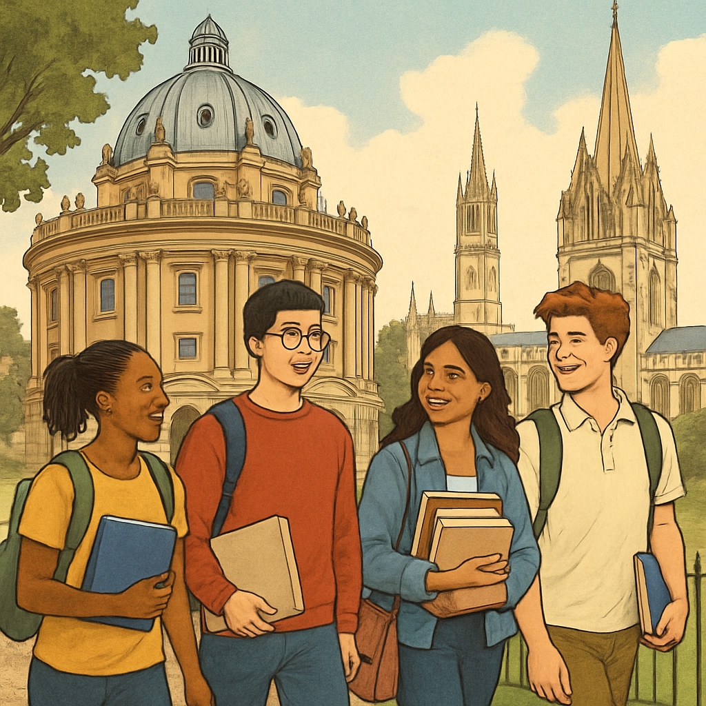 A diverse group of students walking on the Oxford University campus, symbolizing global education opportunities. International students walking on Oxford University campus, highlighting diversity.
