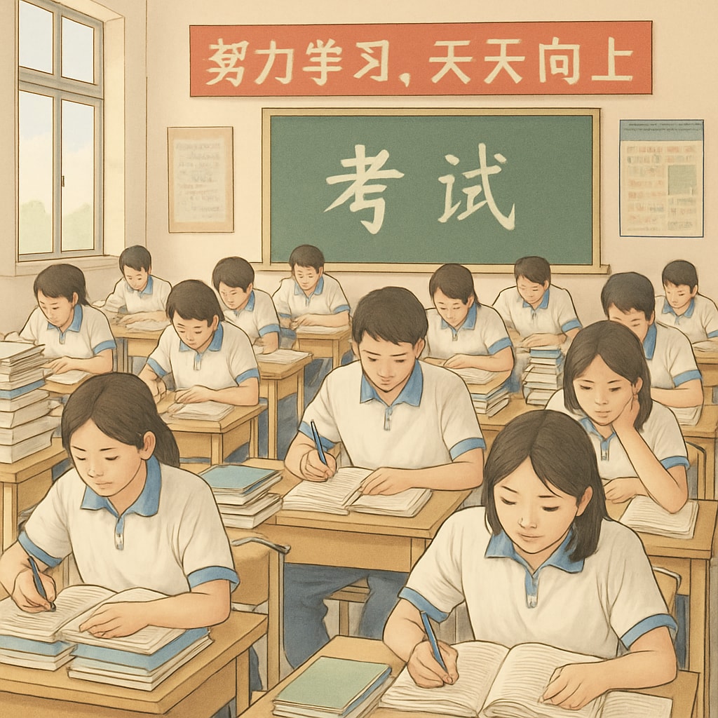 A Chinese classroom with students practicing test preparation, highlighting the focus on standardized exams. Chinese classroom emphasizing test preparation, illustrating the test-oriented education system.