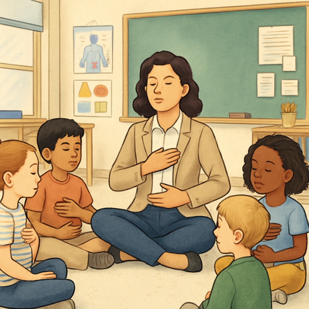 An educator leading students in a breathing exercise as part of a holistic classroom activity. Teacher guiding K12 students in breathing exercises inspired by Sadhguru’s teachings.