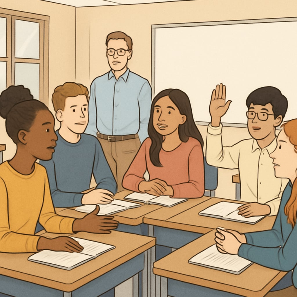 A classroom setting with international students engaging in a discussion, emphasizing diversity in education. International students discussing in a classroom, highlighting inclusive education.