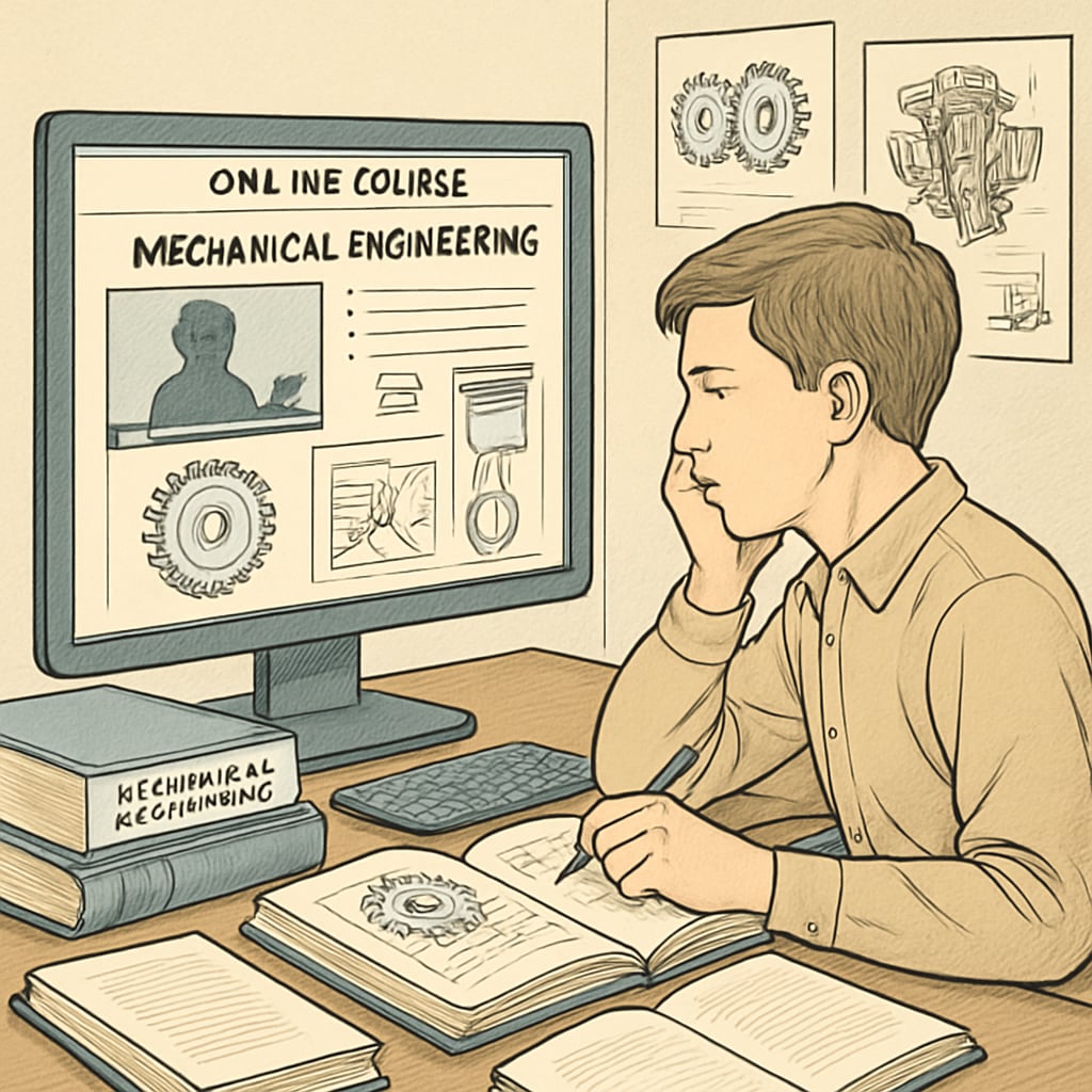Online degree and mechanical engineering student learning on a computer.